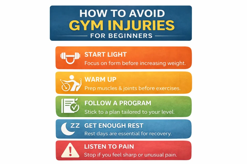 How to avoid injury at the gym infographic for beginners showing start light, warm up, follow a programme, rest, and listen to pain