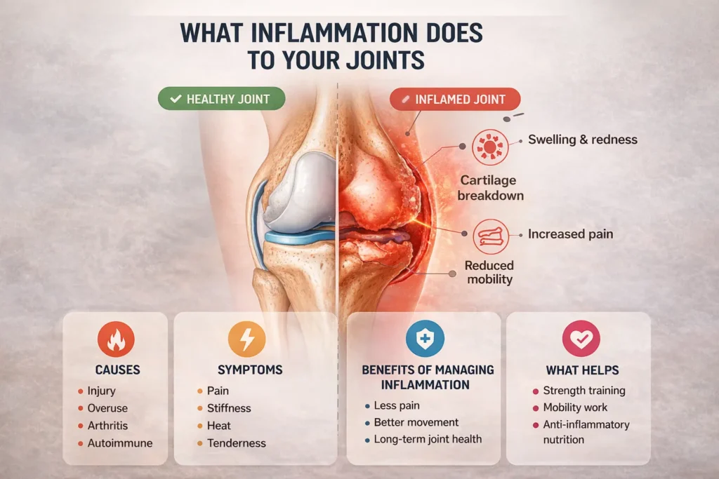 Inflammation explained in an infographic showing a healthy joint compared with an inflamed joint