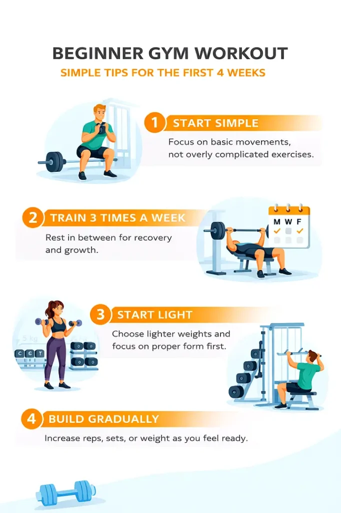 Beginner gym workout infographic showing simple tips for the first 4 weeks, including start simple, train 3 times a week, start light, and build gradually.